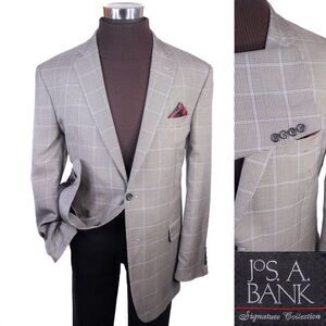 Jos A Bank Blazer Sz 46L Houndstooth Check Sports Coat Suit Jacket Wool/Silk EUC